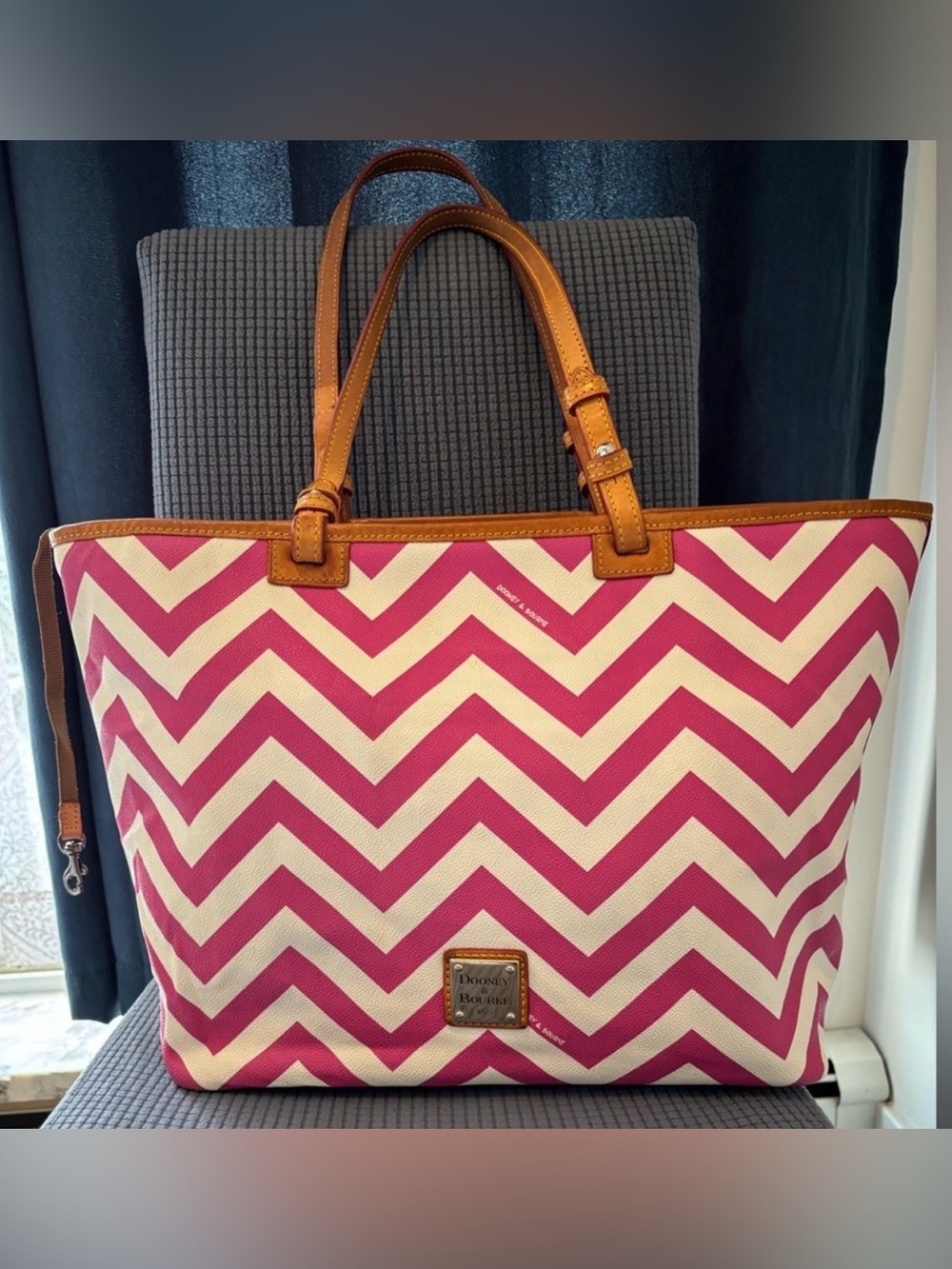 Dooney & Bourke Pink and Cream Chevron Tote with Tan Leather Trim